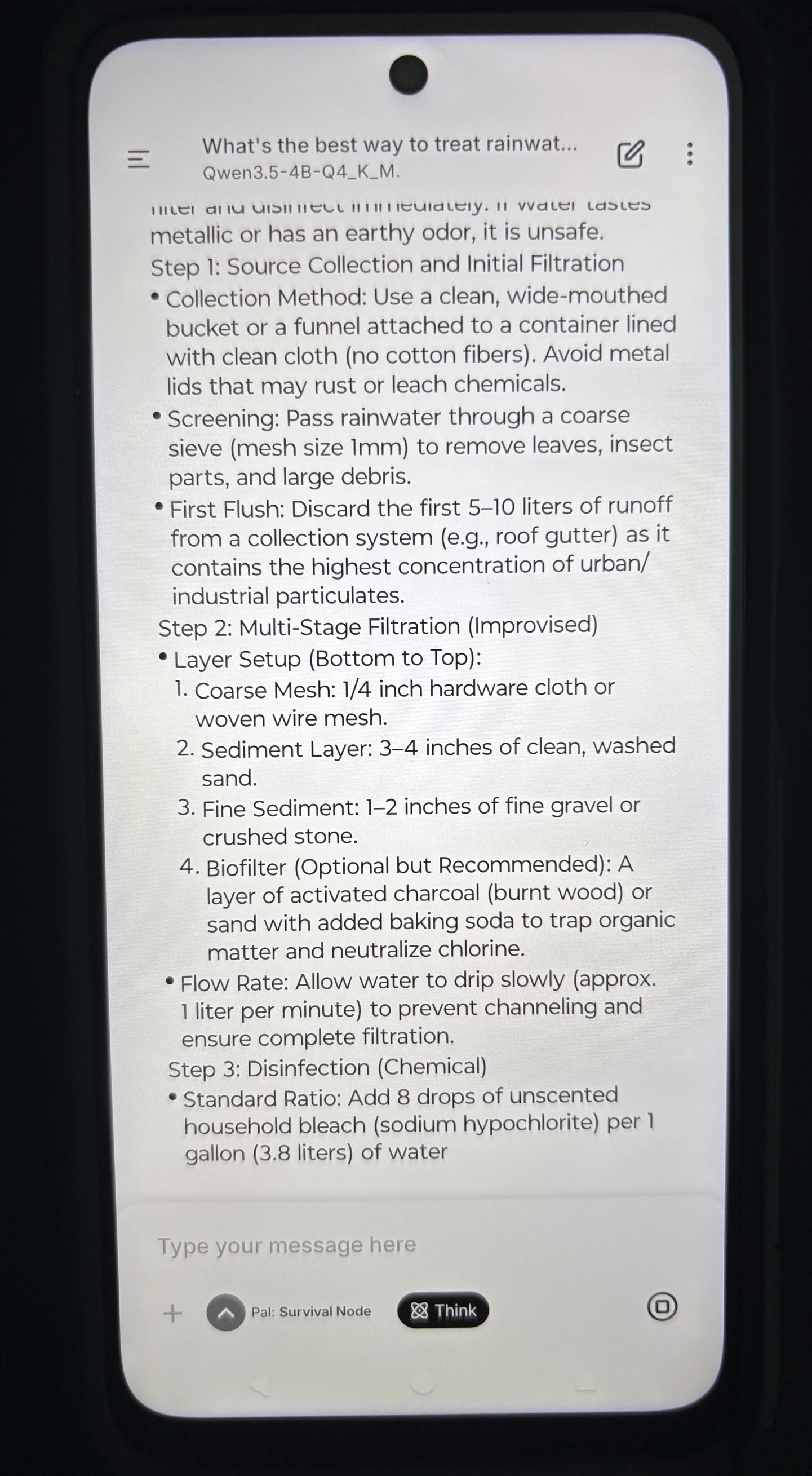 Qwen3.5-4B in PocketPal answering a survival question